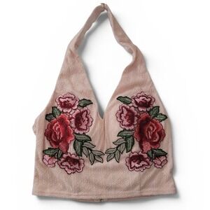 Entry Women's Pink Lace Floral Embroidered Halter Crop Top V-Neck Zip Back Small